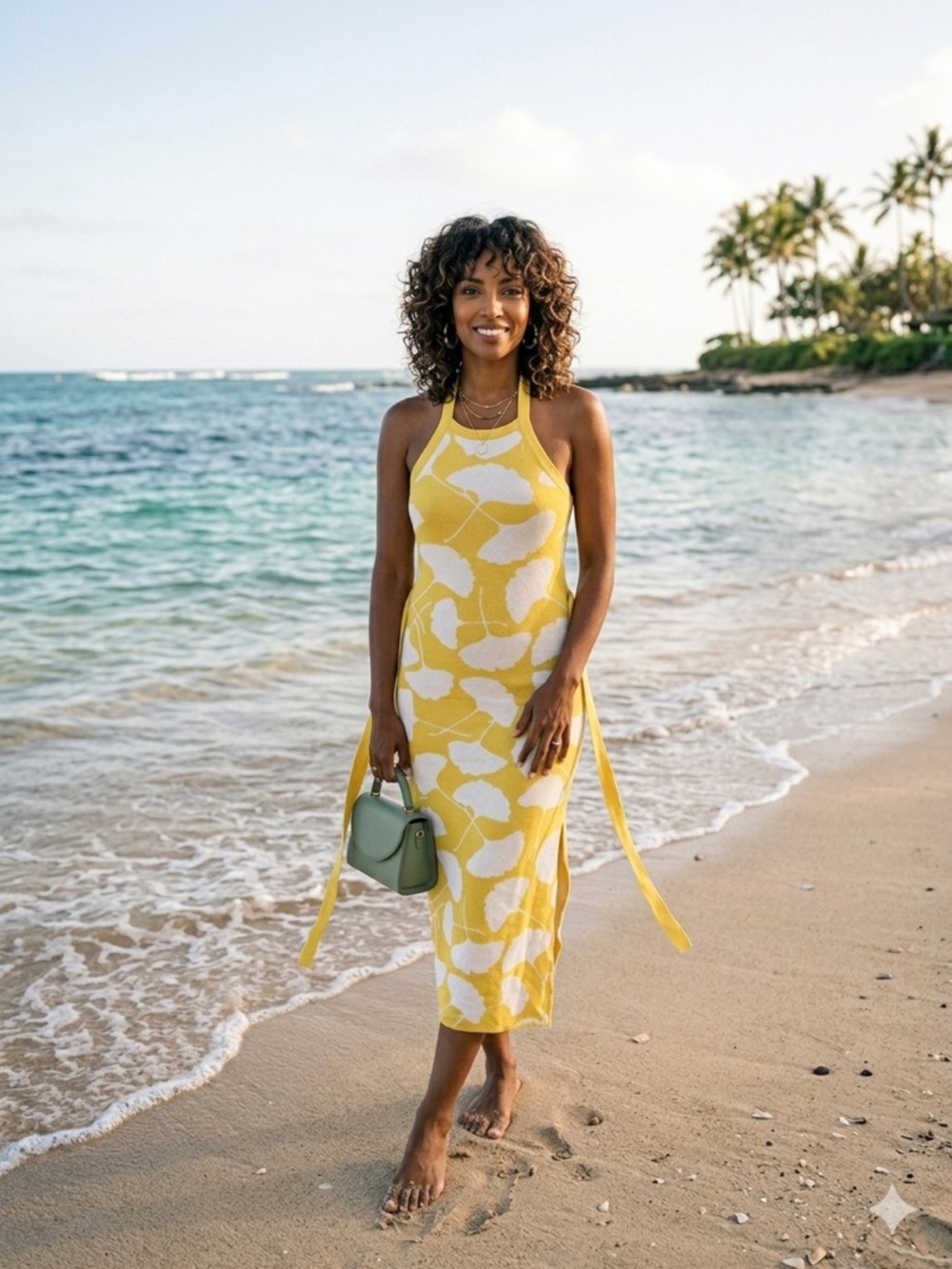 Diane Von Furstenberg Yellow & White Halter Knit Beach Coverup